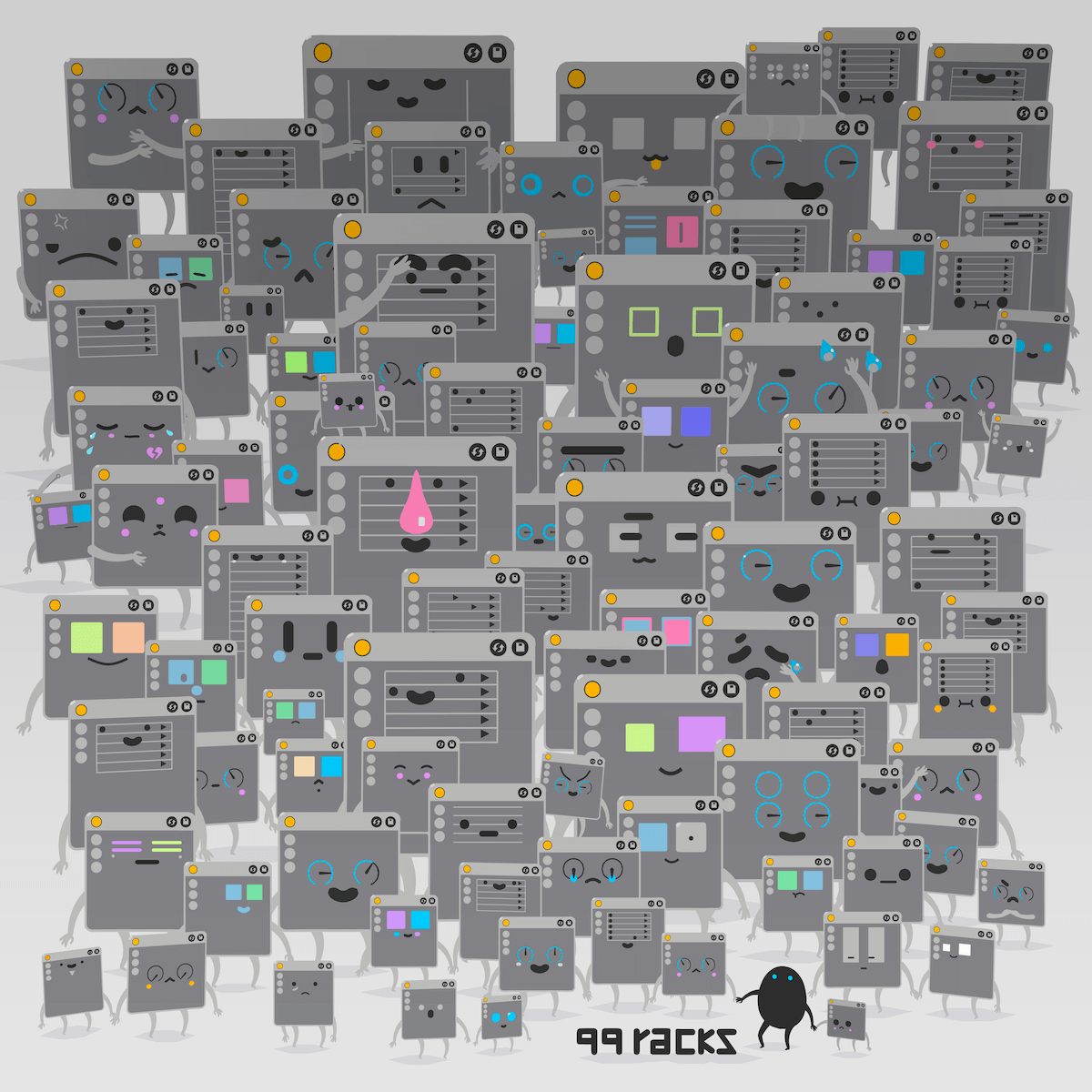 Mr. Bill - 99 Racks Mr. Bill character laying face down in a rainbow puddle with a light beam going right through him and little mini creatures dancing around