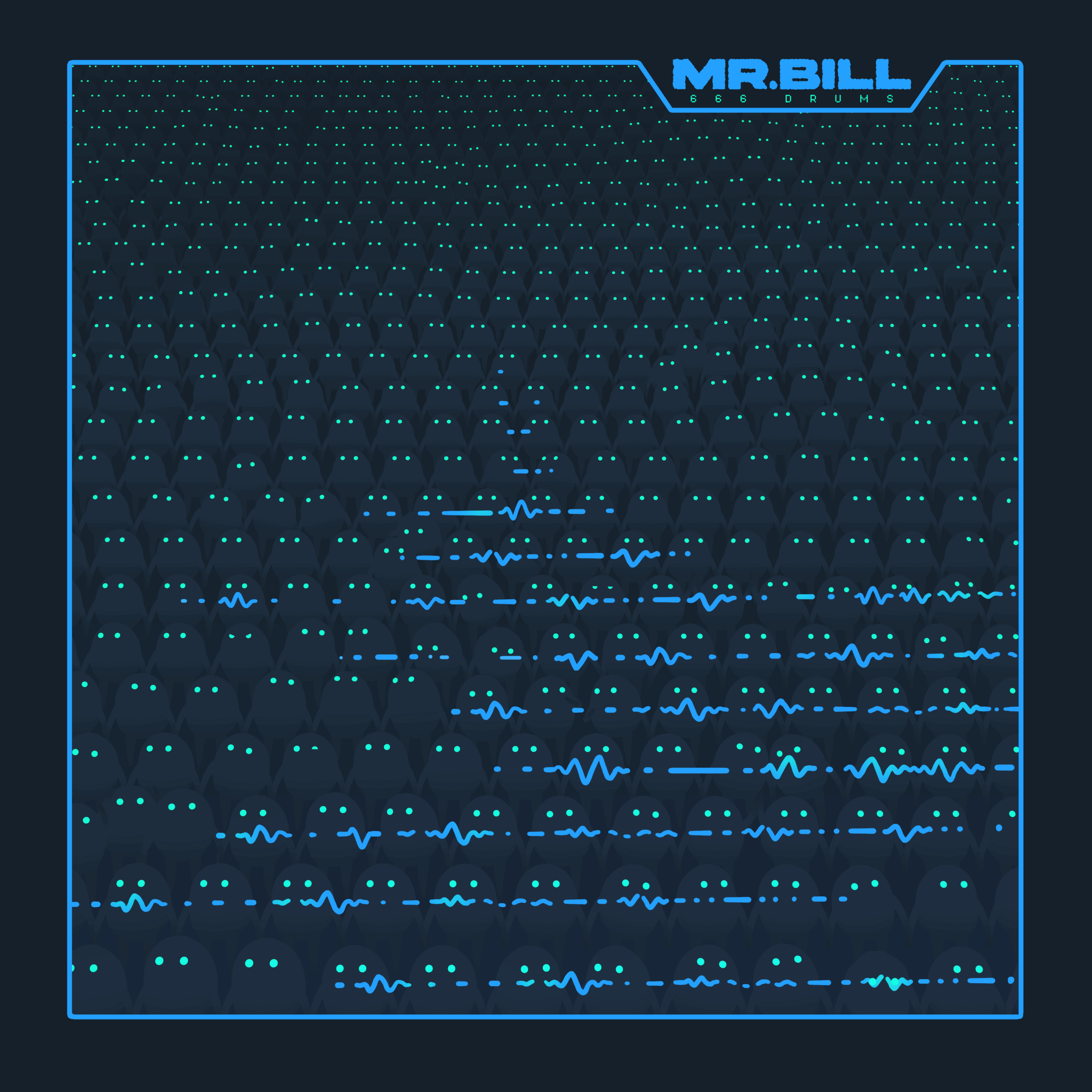 666Drums Mr. Bill character laying face down in a rainbow puddle with a light beam going right through him and little mini creatures dancing around